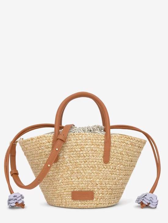 Tous Handbags - Tous Straw Tote with Tan Leather Handles and Cream Drawstring